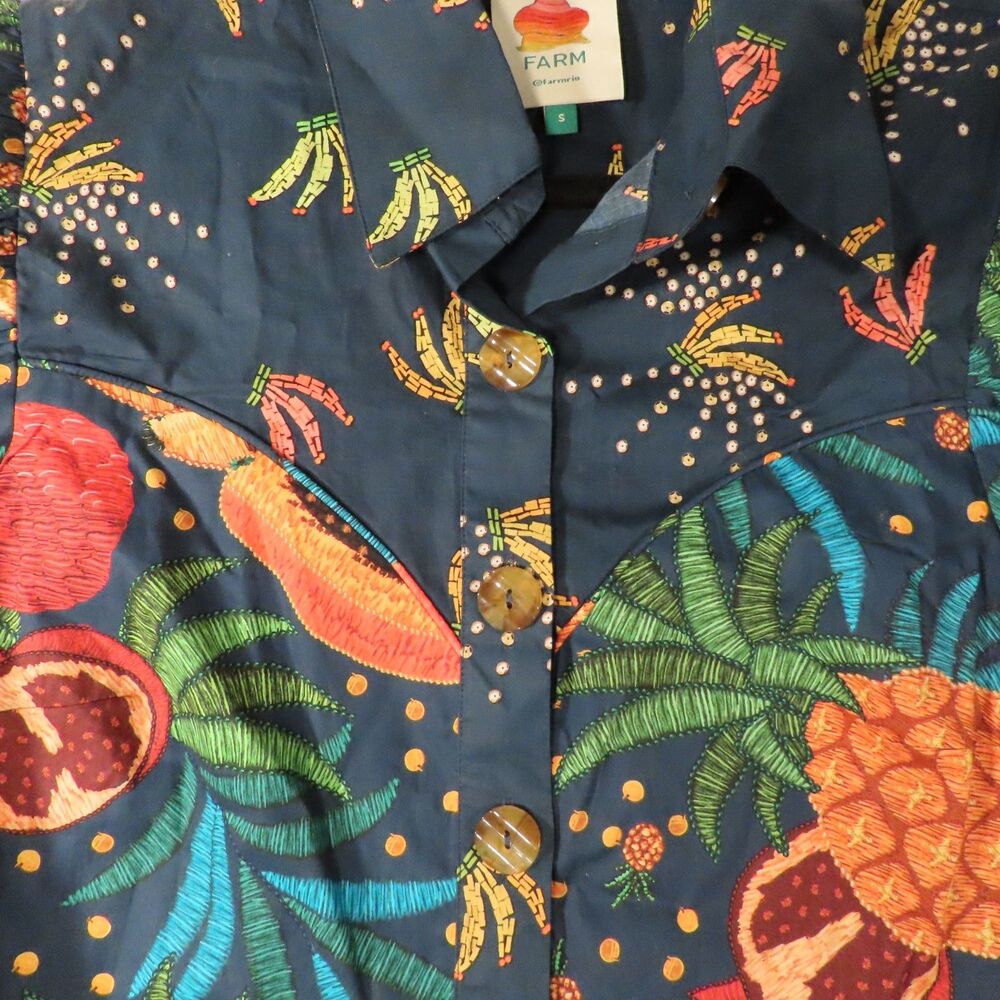 FARM Rio Tropical Fruit Print Cropped Button Blouse Jacket Puff Sleeve S - Picture 8 of 12